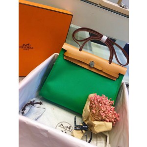 Hermes Herbag Zip Bag in Green Canvas and Cowhide