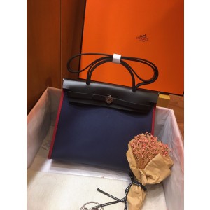 Hermès Bleu Marine, Rouge H Toile Militaire & Vache Hunter Leather Herbag Zip 31