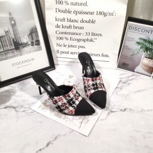 Chanel Leather And Tweed Fabric CC Mules