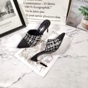 Chanel Leather And Tweed Fabric CC Mules