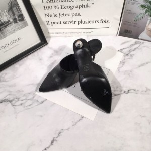 Chanel Black Leather CC Pearl Heel Pointed Toe Mules