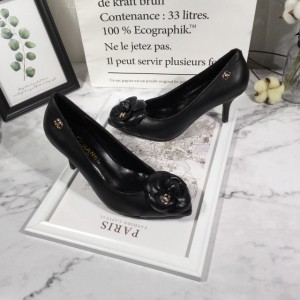 Chanel Black Leather Camellia CC Pumps