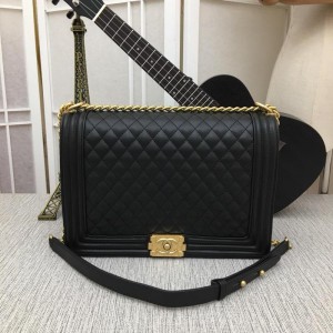 CHANEL Black Quilted Patent Leather Large Boy Bag