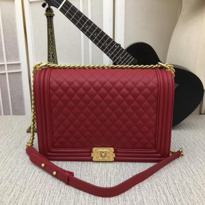 CHANEL Red Quilted Patent Leather Large Boy Bag