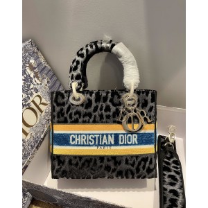 Dior Medium Lady D-Life Bag Mizza Embroidery Blue and Black with Yellow