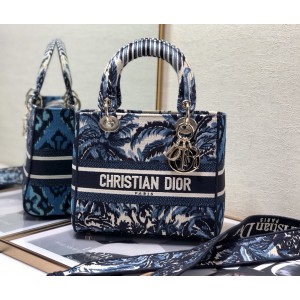 Dior Medium Lady D-Lite Bag In Blue Dior Palms Embroidery