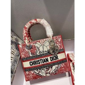 Dior Medium Lady D-lite Bag Red and White D-royaume D'amour Embroidery