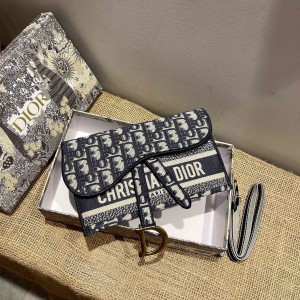 Dior Saddle Slim Pouch in Blue Dior Oblique Embroidery