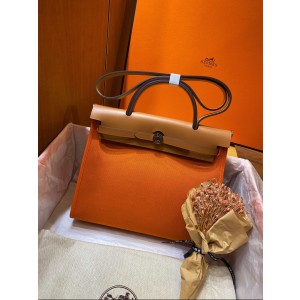 Hermès Orange Herbag Zip Leather and Toile 31 Shoulder Bag