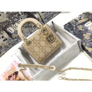 MINI LADY DIOR BAG Platinum Metallic Cannage Lambskin with Beaded Embroidery